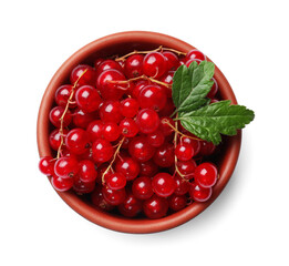 Ripe red currants with green leaves in bowl isolated on white, top view