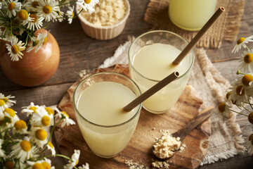 Fresh natural whey in a glass - protein rich healthy nutritional supplement , with bamboo straws