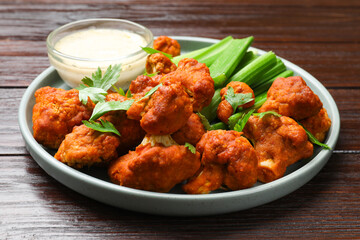 Tasty cauliflower buffalo wings, sauce and celery on wooden table, closeup