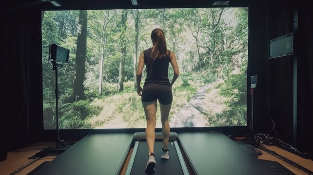 A woman is running on a treadmill in front of a large screen