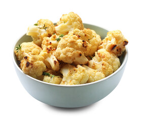 Baked cauliflower in bowl on white background