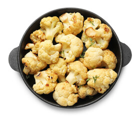 Baked cauliflower in baking dish on white background, top view