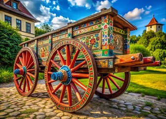 Obraz premium Rustic wooden chariot against a scenic backdrop, showcasing craftsmanship and historical significance