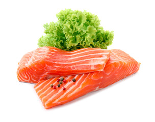 Pieces of fresh salmon, peppercorns and lettuce isolated on white