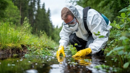 Researcher testing water quality in a swamp, using advanced tools to monitor pollutants and protect the ecosystem.