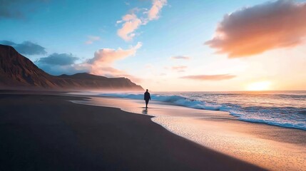Obraz premium A serene sunset on a deserted beach with gentle waves and a lone figure walking along the shore, embracing the tranquility of nature.