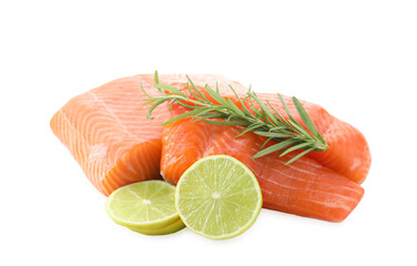 Pieces of fresh salmon, lime and rosemary isolated on white