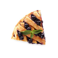 Slice of delicious homemade blueberry pie with mint isolated on white, top view