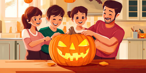 Fototapeta premium A family of four carving a pumpkin together in their kitchen, the pumpkin's flesh in various shades of orange and yellow.