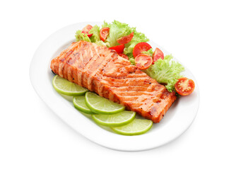 Delicious grilled salmon fillet with vegetable salad and lime isolated on white