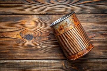 Rusty metal tin can on wooden background, perfect for vintage and rustic themed design projects
