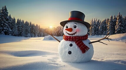 Cute snowman in a scarf and hat against the background of a winter snowy forest. New Year and Christmas card.