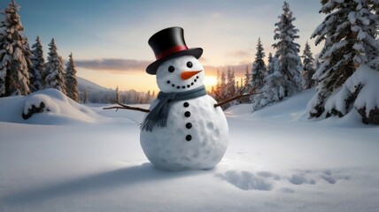 Cute snowman in a scarf and hat against the background of a winter snowy forest. New Year and Christmas card.