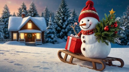 Cute cartoon snowman in a sleigh with gifts against the background of a winter snowy forest. New Year and Christmas card.