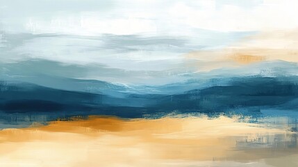 Obraz premium A serene abstract landscape painting featuring soft hues of blue, gold, and white, evoking tranquility and calmness.