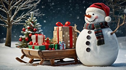 Cute cartoon snowman in a sleigh with gifts against the background of a winter snowy forest. New Year and Christmas card.