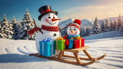 Cute cartoon snowman in a sleigh with gifts against the background of a winter snowy forest. New Year and Christmas card.