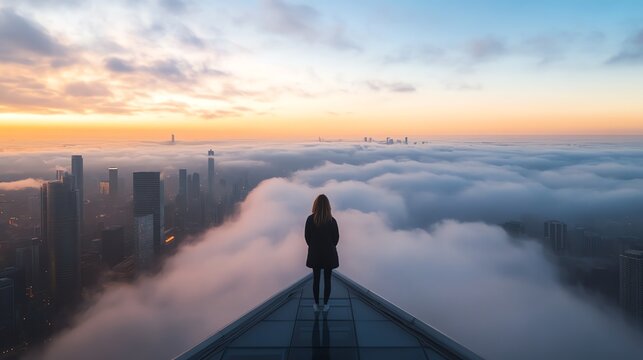 Person stands on rooftop above city skyline, surrounded by clouds and vibrant sunrise, symbolizing exploration and awe-inspiring views.