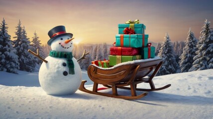 Cute cartoon snowman in a sleigh with gifts against the background of a winter snowy forest. New Year and Christmas card.