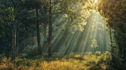 Obraz premium Sunbeams piercing through lush forest canopy. Golden light creates magical atmosphere in verdant woodland paradise in a forest for the background of a wallpaper