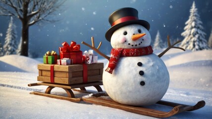 Cute cartoon snowman in a sleigh with gifts against the background of a winter snowy forest. New Year and Christmas card.