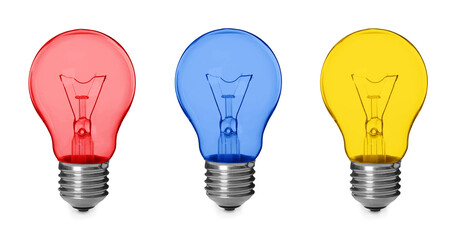 Light bulbs of different colors on white background, set