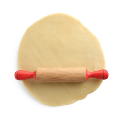 Cooking homemade pie. Raw dough and rolling pin isolated on white, top view