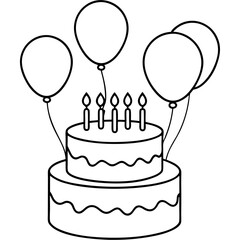 birthday cake and balloons outline coloring book page line art drawing