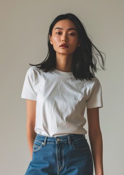 White T-shirt and blue jean t-shirt sleeve blouse.