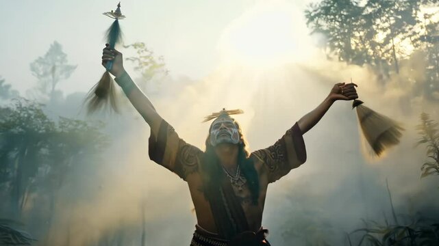 Old shaman with gray beard conducts spiritual ritual in forest. Mystical elder man casts spell in dark wood. Mysterious druid, guardian controls weather. Elderly senior pagan portrait. Spiritual path.