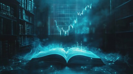 Mystical book with rising financial chart hologram