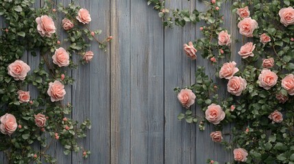 Pink roses climbing on a rustic wooden fence with copy space.