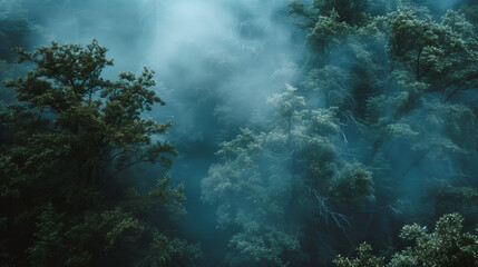 Fototapeta premium Misty forest scene with ethereal blue atmosphere. Mysterious woodland evokes fairytale-like wonder and connection to nature's magic.