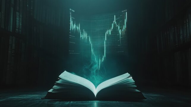 Open book with glowing financial chart hologram.