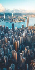 Stunning aerial view of the iconic skyline and dense cityscape of Hong Kong s financial district
