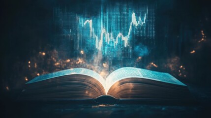 Open book with rising digital graph above, glowing.