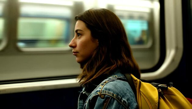 woman in the train. Young girl sitting in subway or train, staring out the window. Attractive brunette woman riding on public transport around city Lifestyle.