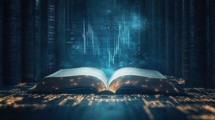 Open book with holographic charts, deep learning concept