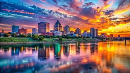 Fototapeta premium Scenic view of Memphis skyline at sunset with vibrant colors reflecting on the Mississippi River