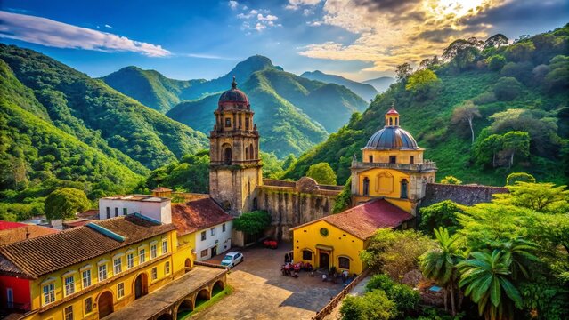 Scenic View of Malinalco's Historic Architecture Amidst Lush Green Mountains in Mexico's Countryside