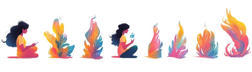 Obraz premium A vibrant digital illustration showcasing a woman interacting with flames, symbolizing transformation and creativity.