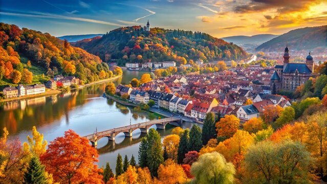 Scenic view of Philosophenweg with vibrant autumn foliage and serene riverbank in Heidelberg, Germany