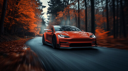 Fototapeta premium EV (Electric Vehicle) electric car is driving on a winding road 