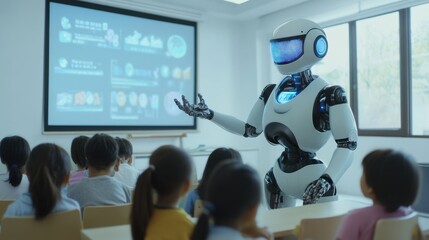 A humanoid robot teaching a group of children in a classroom, holographic displays showing educational content