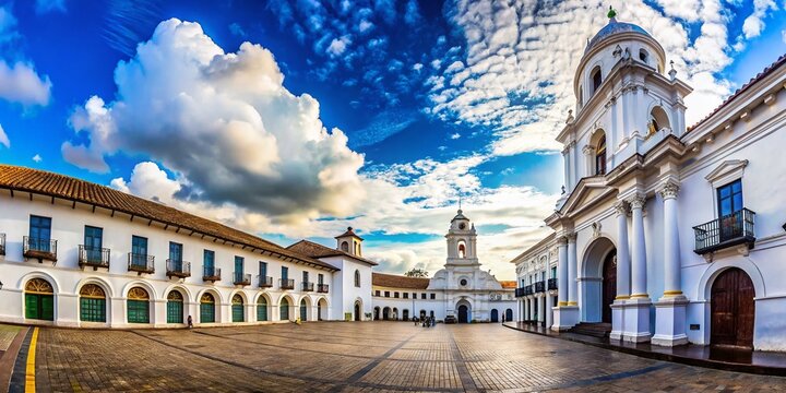 Scenic view of Popayan's colonial architecture with white buildings and vibrant blue skies in Colombia