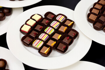 Colored handmade chocolate candies on a plate.