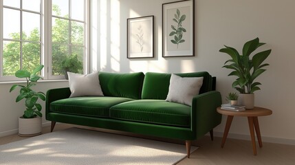 Fototapeta premium Elegant living room design with green sofa and natural decor accents