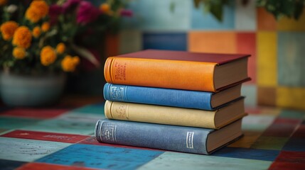 A stack of four vintage hardcover books on a colorful table.