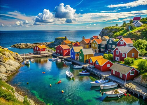 Scenic view of traditional seahouses along the coast with vibrant colors and clear blue skies
