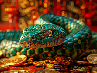 Obraz premium Green emerald snake, surrounded by traditional Chinese symbols of good luck, gold coins sparkling, colorful calendars. Atmosphere of good luck and well-being to convey spirit of holiday. New year.